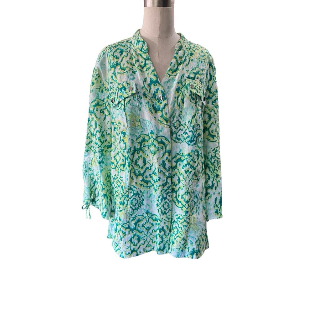 JM Collection 100% Linen Tropical Print Blouse Size 16 Blue Yellow Green Resort